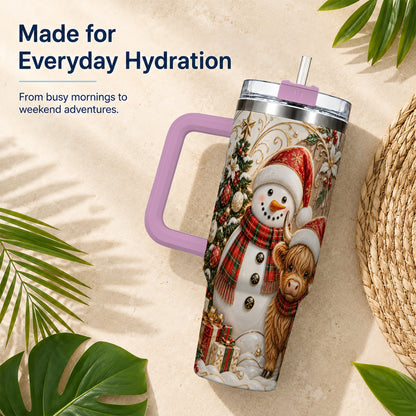 #pl[40oz|Pink] Highland Cow Snowman 40oz Tumbler with Handle, Farm Animal Travel Cup