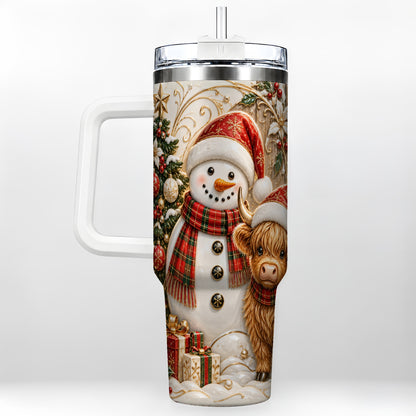 Highland Cow Snowman 40oz Tumbler with Handle, Farm Animal Travel Cup