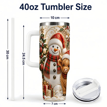 #pl[40oz|White] Highland Cow Snowman 40oz Tumbler with Handle, Farm Animal Travel Cup