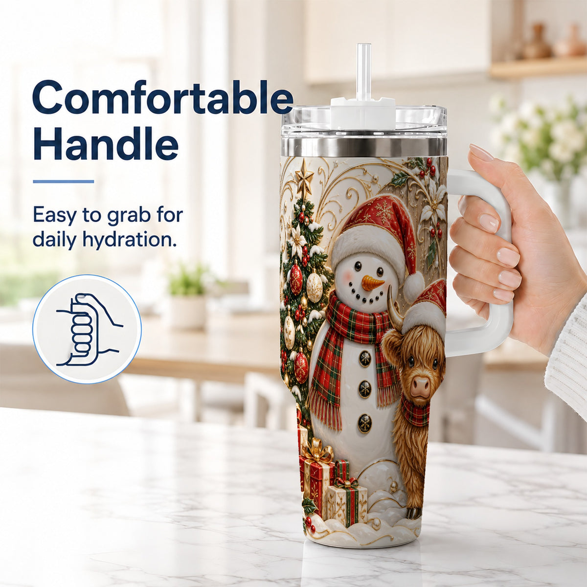 #pl[40oz|White] Highland Cow Snowman 40oz Tumbler with Handle, Farm Animal Travel Cup
