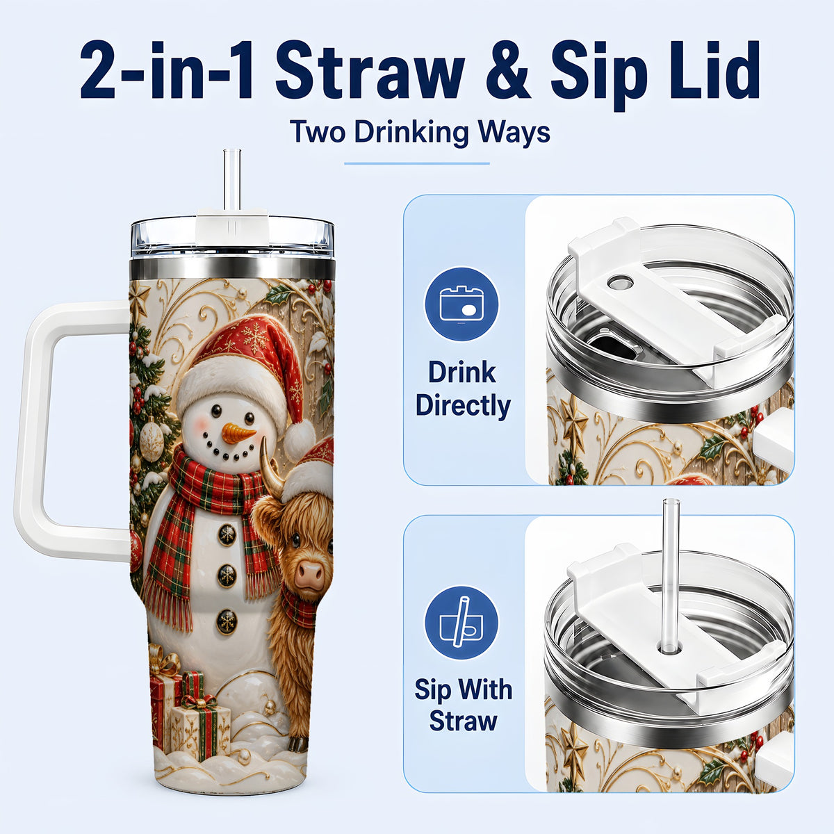 #pl[40oz|White] Highland Cow Snowman 40oz Tumbler with Handle, Farm Animal Travel Cup
