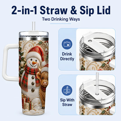 #pl[40oz|White] Highland Cow Snowman 40oz Tumbler with Handle, Farm Animal Travel Cup