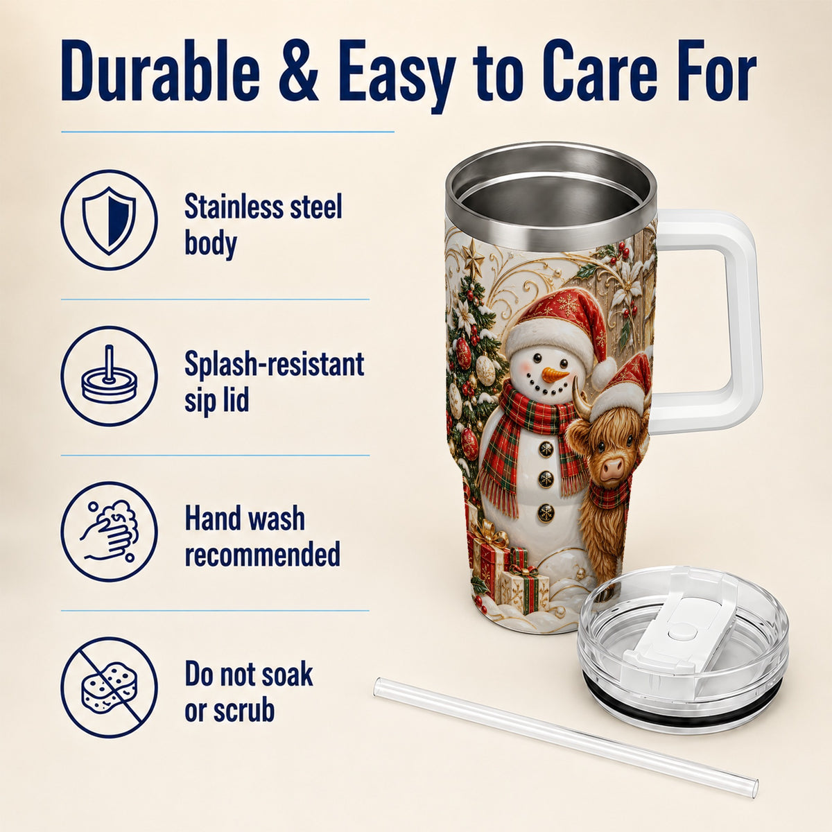 #pl[40oz|White] Highland Cow Snowman 40oz Tumbler with Handle, Farm Animal Travel Cup