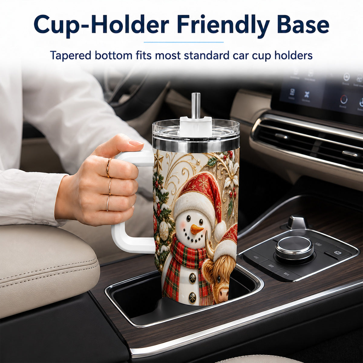 #pl[40oz|White] Highland Cow Snowman 40oz Tumbler with Handle, Farm Animal Travel Cup