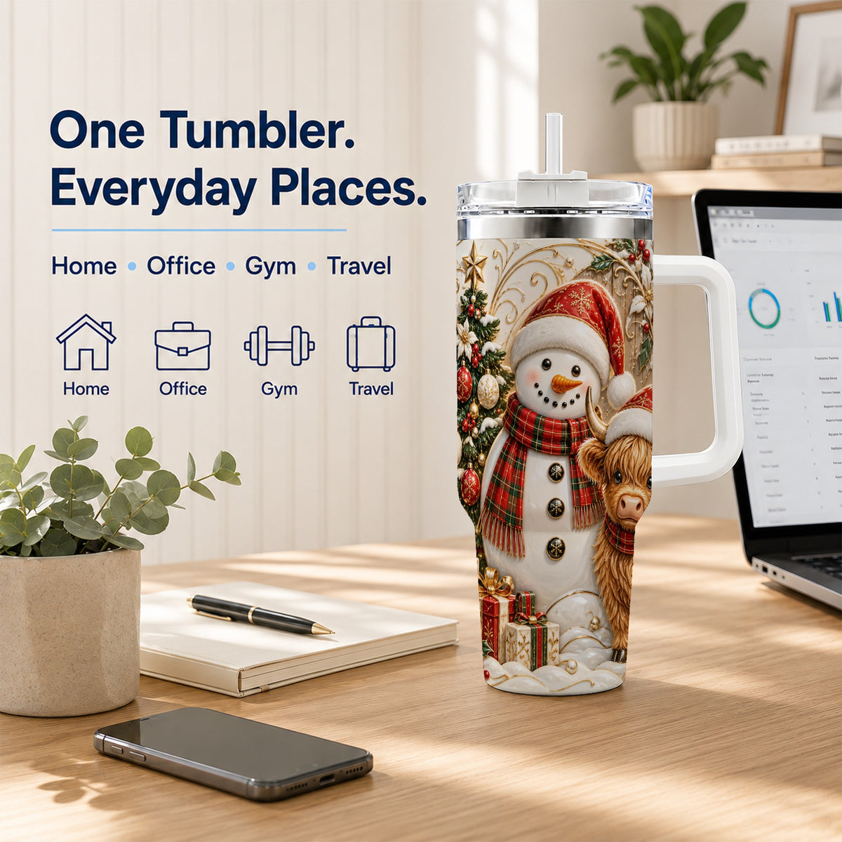 #pl[40oz|White] Highland Cow Snowman 40oz Tumbler with Handle, Farm Animal Travel Cup