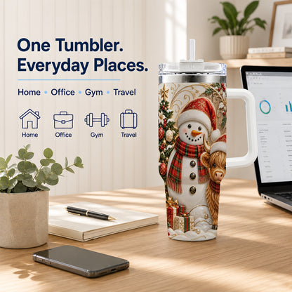 #pl[40oz|White] Highland Cow Snowman 40oz Tumbler with Handle, Farm Animal Travel Cup