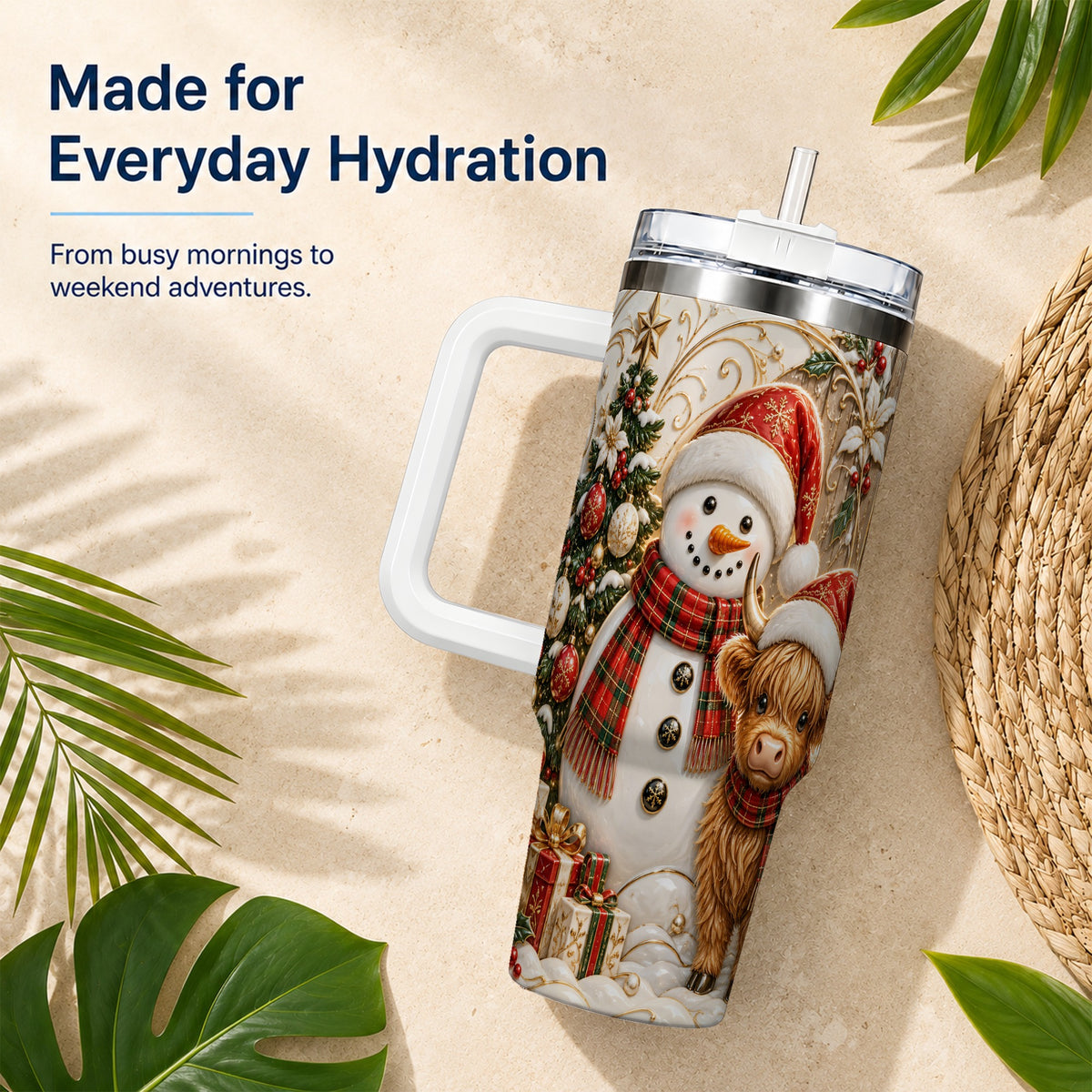 #pl[40oz|White] Highland Cow Snowman 40oz Tumbler with Handle, Farm Animal Travel Cup