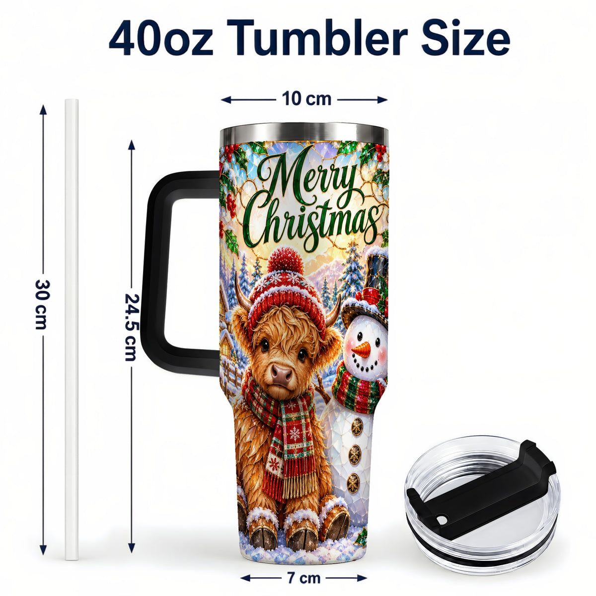 #pl[40oz|Black] Christmas Cow 40oz Tumbler with Handle, Snowman Stainless Steel Travel Cup