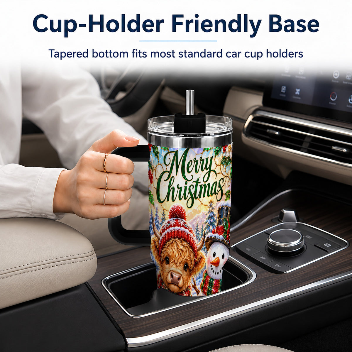 #pl[40oz|Black] Christmas Cow 40oz Tumbler with Handle, Snowman Stainless Steel Travel Cup