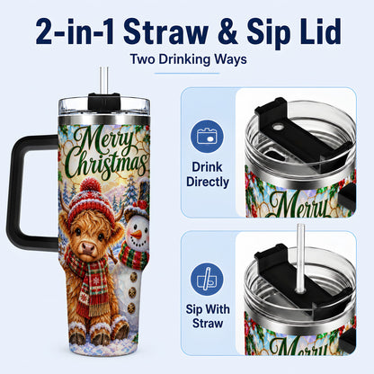 #pl[40oz|Black] Christmas Cow 40oz Tumbler with Handle, Snowman Stainless Steel Travel Cup