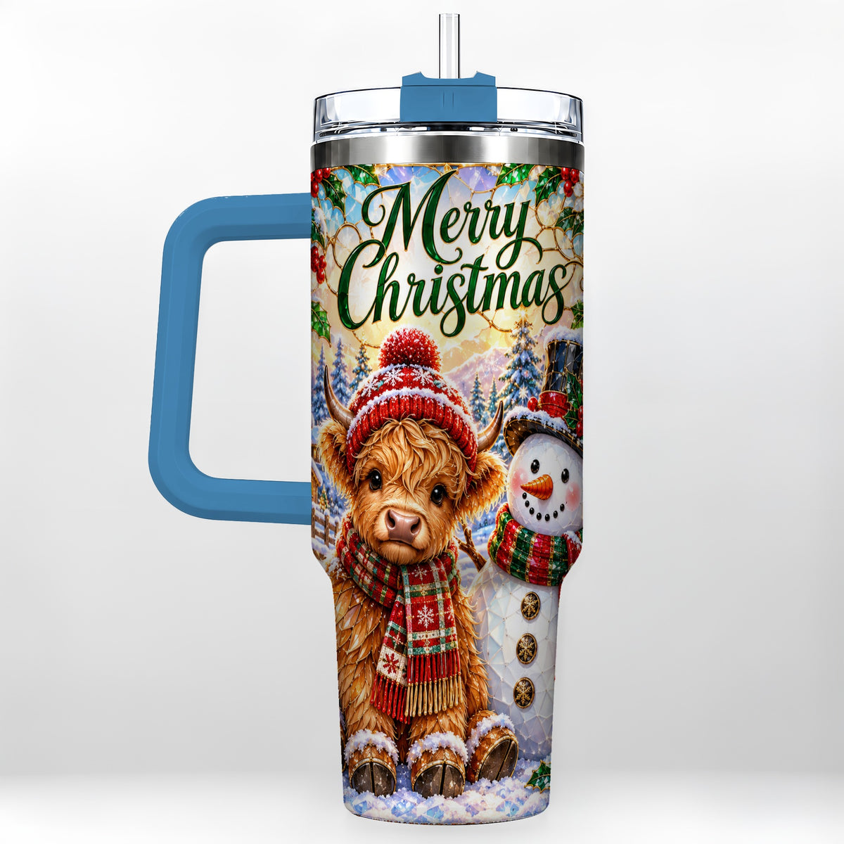 #pl[40oz|Blue] Christmas Cow 40oz Tumbler with Handle, Snowman Stainless Steel Travel Cup
