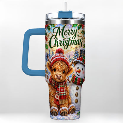 #pl[40oz|Blue] Christmas Cow 40oz Tumbler with Handle, Snowman Stainless Steel Travel Cup