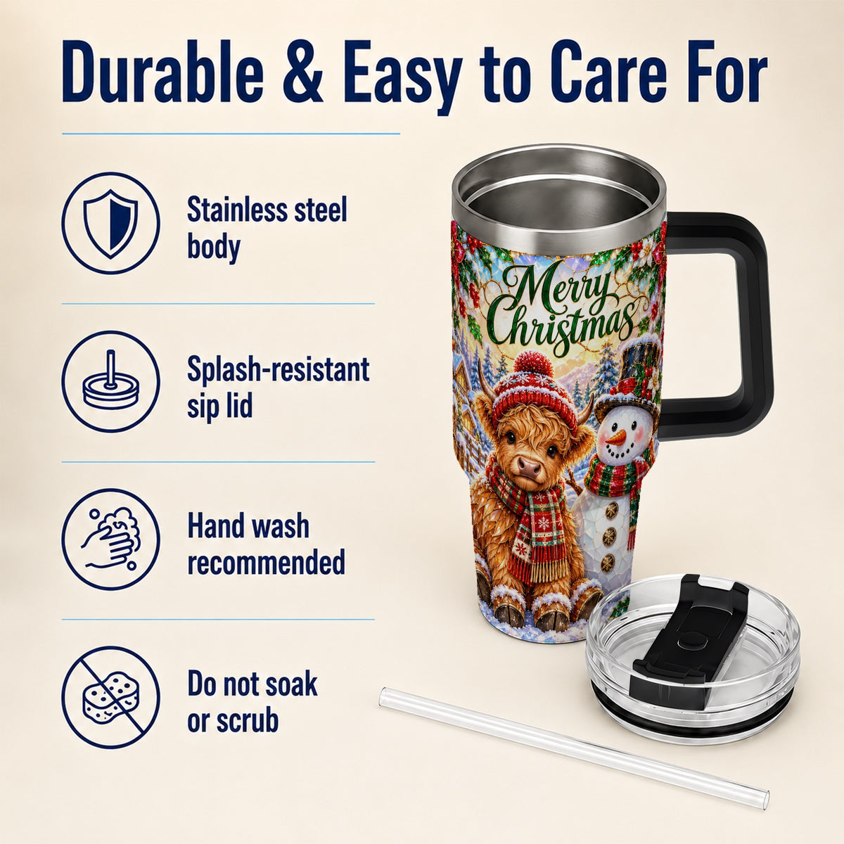 #pl[40oz|Black] Christmas Cow 40oz Tumbler with Handle, Snowman Stainless Steel Travel Cup