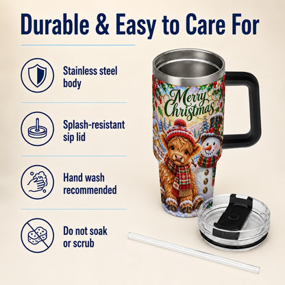 #pl[40oz|Black] Christmas Cow 40oz Tumbler with Handle, Snowman Stainless Steel Travel Cup
