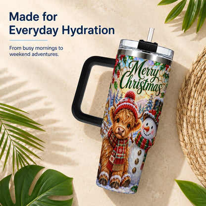 #pl[40oz|Black] Christmas Cow 40oz Tumbler with Handle, Snowman Stainless Steel Travel Cup