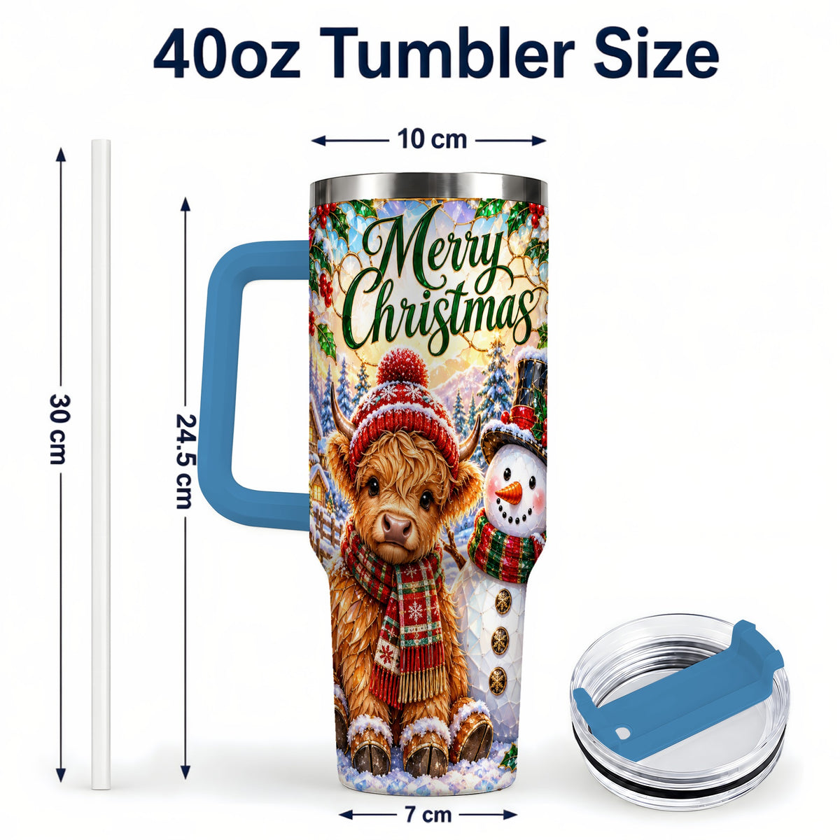 #pl[40oz|Blue] Christmas Cow 40oz Tumbler with Handle, Snowman Stainless Steel Travel Cup