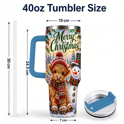 #pl[40oz|Blue] Christmas Cow 40oz Tumbler with Handle, Snowman Stainless Steel Travel Cup