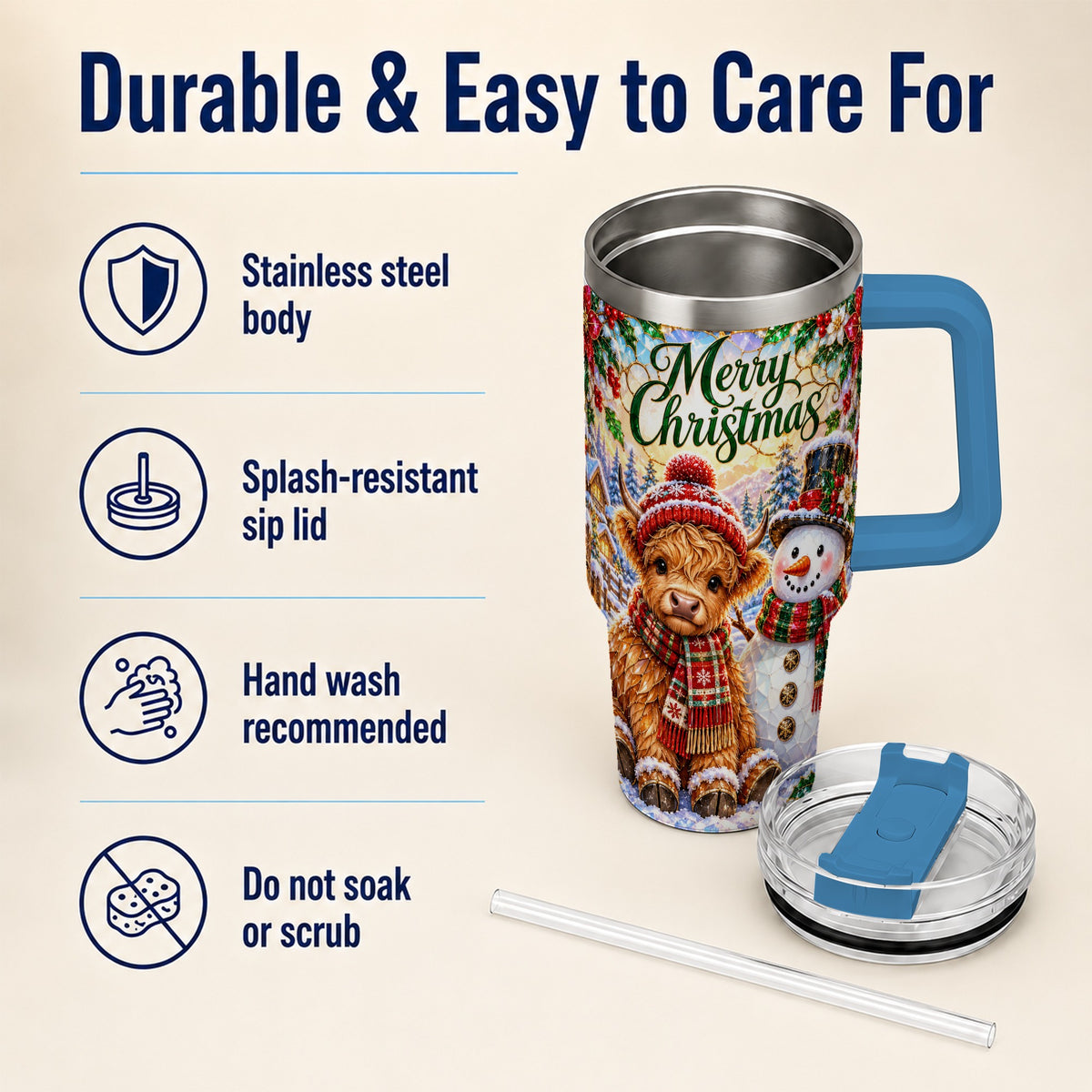 #pl[40oz|Blue] Christmas Cow 40oz Tumbler with Handle, Snowman Stainless Steel Travel Cup