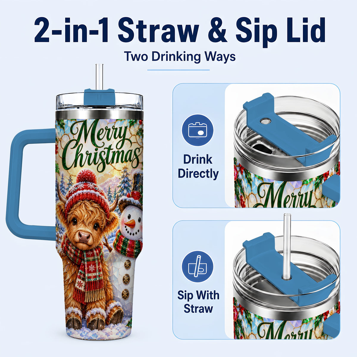 #pl[40oz|Blue] Christmas Cow 40oz Tumbler with Handle, Snowman Stainless Steel Travel Cup