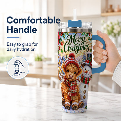 #pl[40oz|Blue] Christmas Cow 40oz Tumbler with Handle, Snowman Stainless Steel Travel Cup