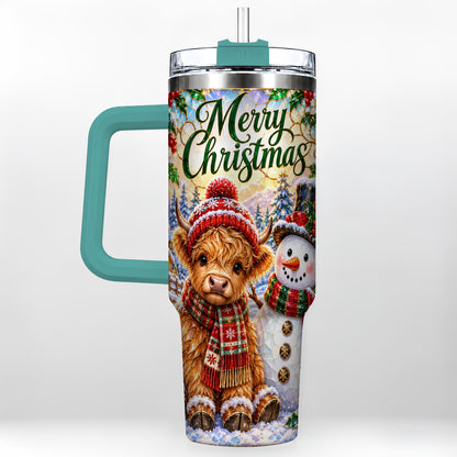 #pl[40oz|Green] Christmas Cow 40oz Tumbler with Handle, Snowman Stainless Steel Travel Cup