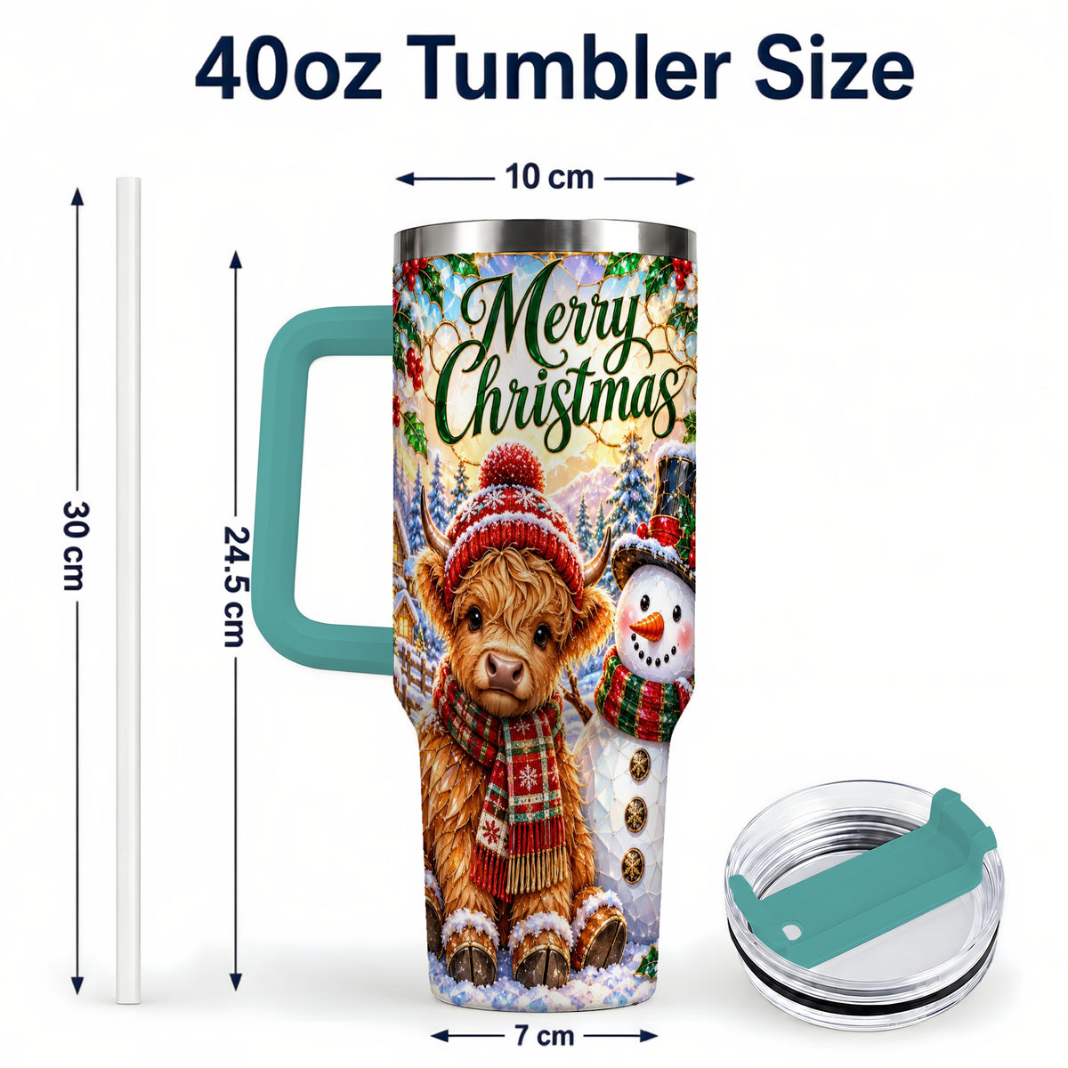 #pl[40oz|Green] Christmas Cow 40oz Tumbler with Handle, Snowman Stainless Steel Travel Cup