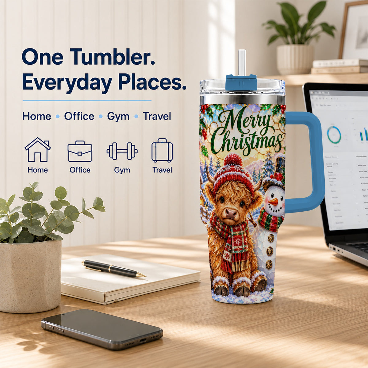 #pl[40oz|Blue] Christmas Cow 40oz Tumbler with Handle, Snowman Stainless Steel Travel Cup