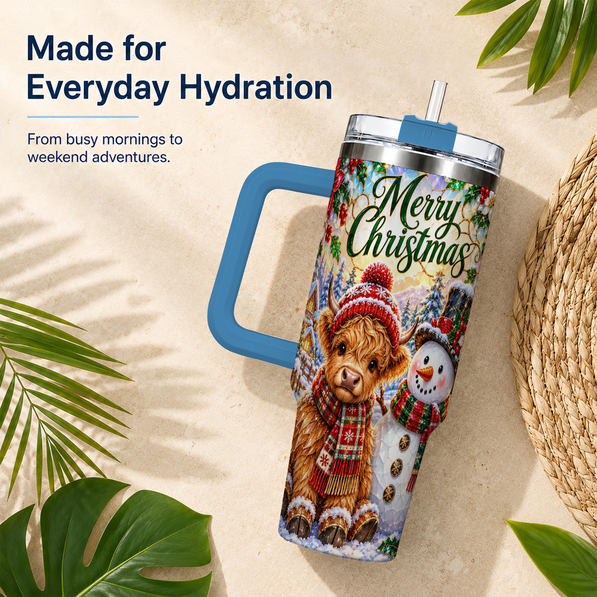 #pl[40oz|Blue] Christmas Cow 40oz Tumbler with Handle, Snowman Stainless Steel Travel Cup
