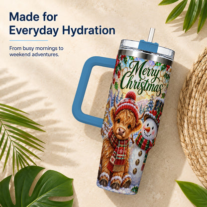 #pl[40oz|Blue] Christmas Cow 40oz Tumbler with Handle, Snowman Stainless Steel Travel Cup