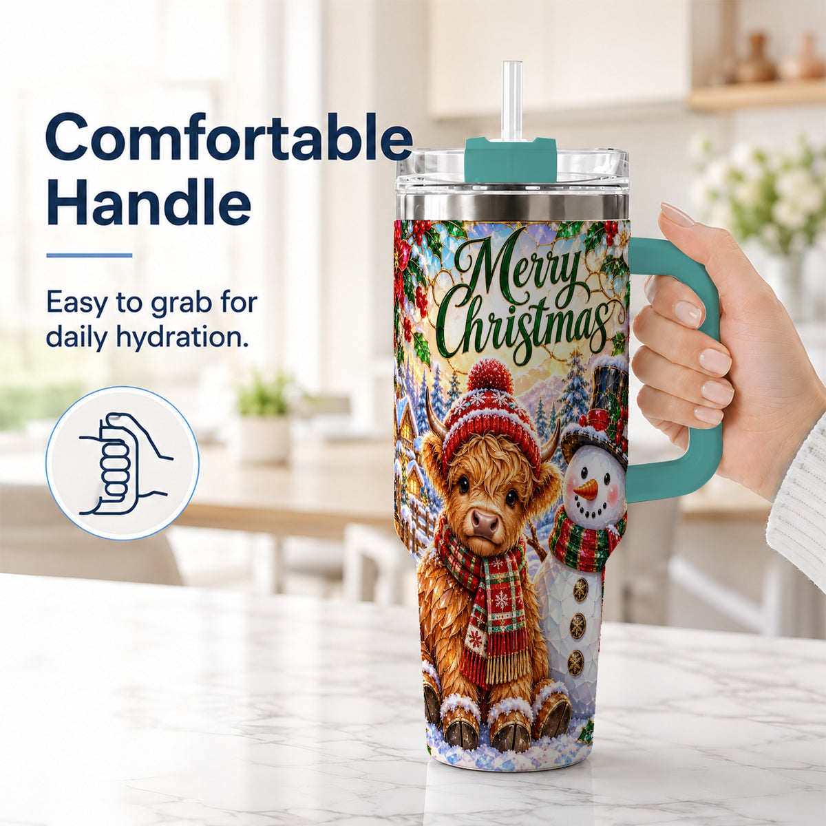 #pl[40oz|Green] Christmas Cow 40oz Tumbler with Handle, Snowman Stainless Steel Travel Cup