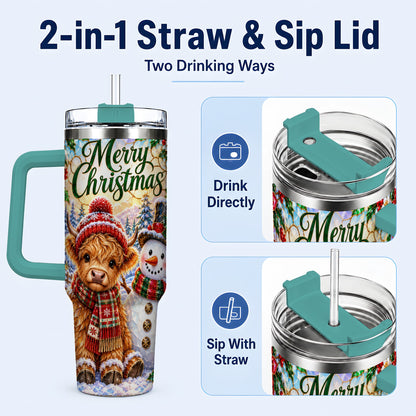 #pl[40oz|Green] Christmas Cow 40oz Tumbler with Handle, Snowman Stainless Steel Travel Cup