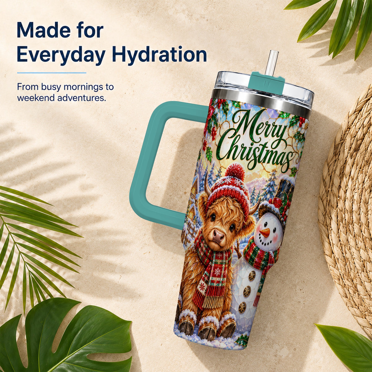 #pl[40oz|Green] Christmas Cow 40oz Tumbler with Handle, Snowman Stainless Steel Travel Cup