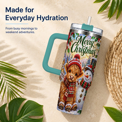 #pl[40oz|Green] Christmas Cow 40oz Tumbler with Handle, Snowman Stainless Steel Travel Cup