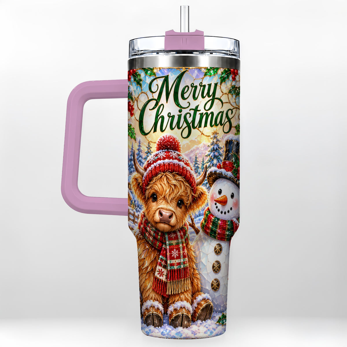 #pl[40oz|Pink] Christmas Cow 40oz Tumbler with Handle, Snowman Stainless Steel Travel Cup