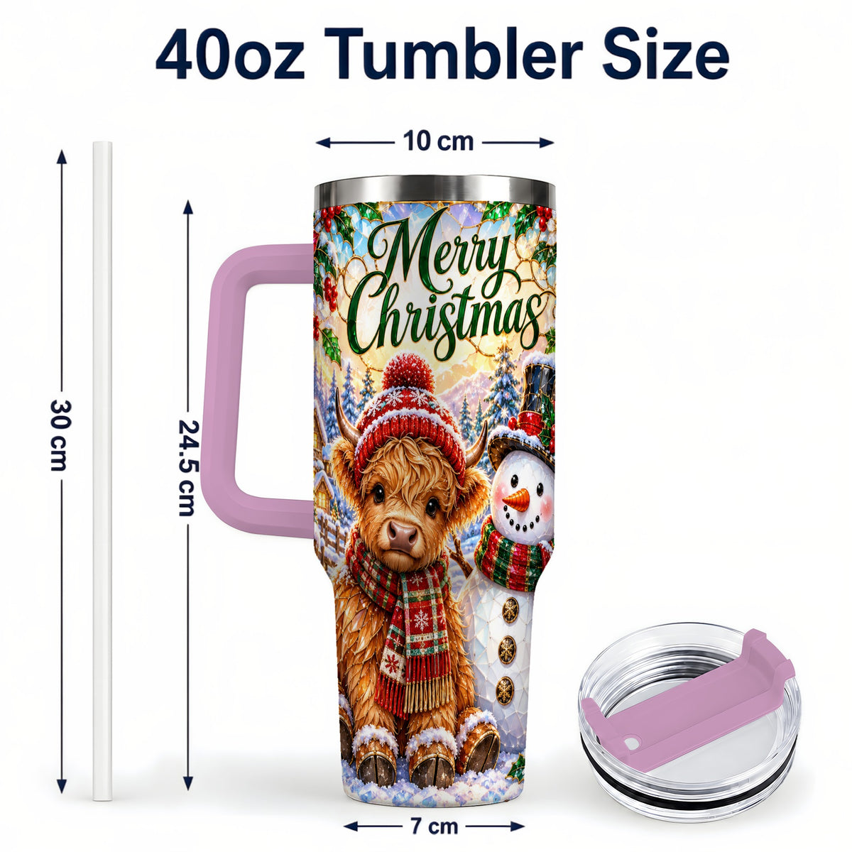 #pl[40oz|Pink] Christmas Cow 40oz Tumbler with Handle, Snowman Stainless Steel Travel Cup