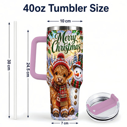 #pl[40oz|Pink] Christmas Cow 40oz Tumbler with Handle, Snowman Stainless Steel Travel Cup