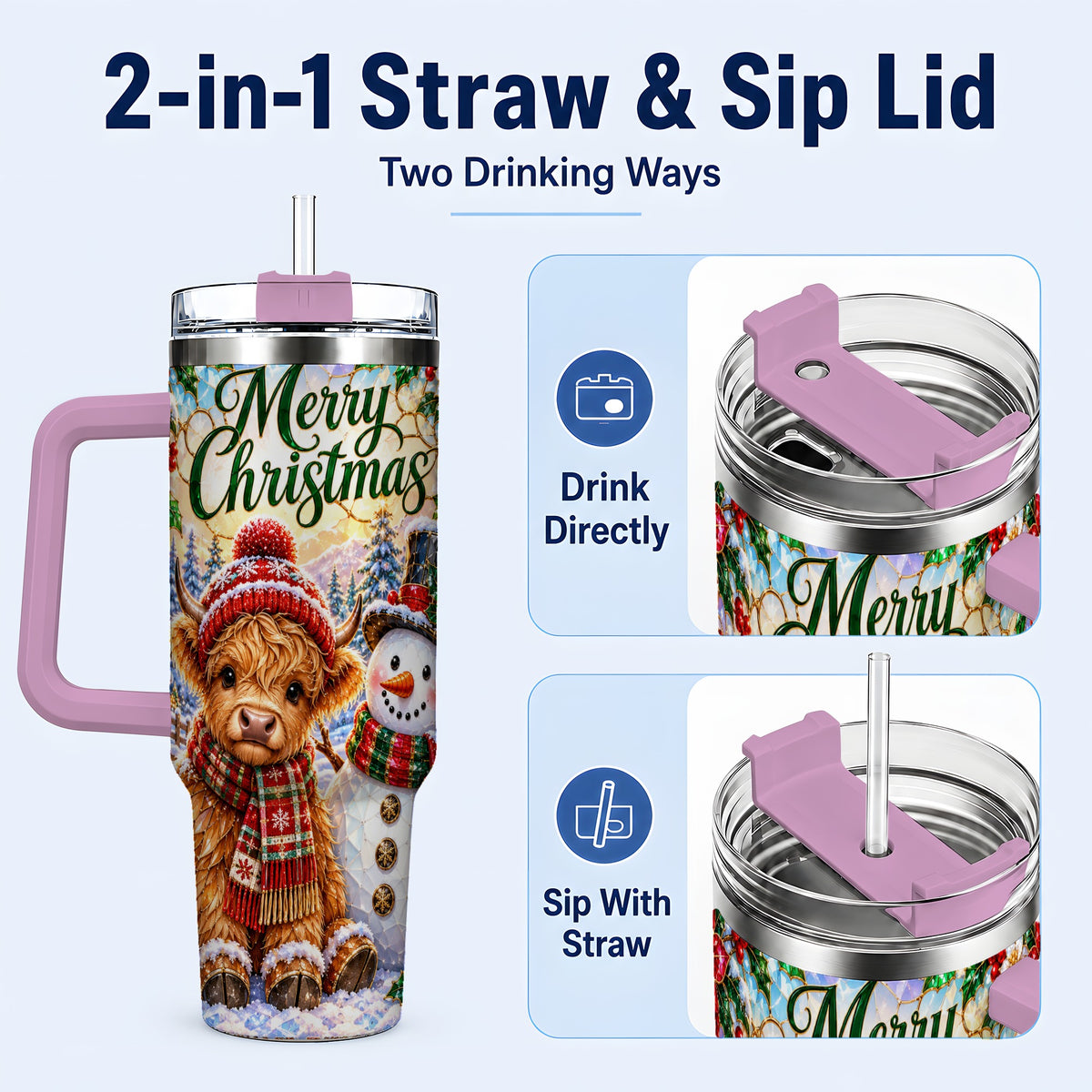#pl[40oz|Pink] Christmas Cow 40oz Tumbler with Handle, Snowman Stainless Steel Travel Cup