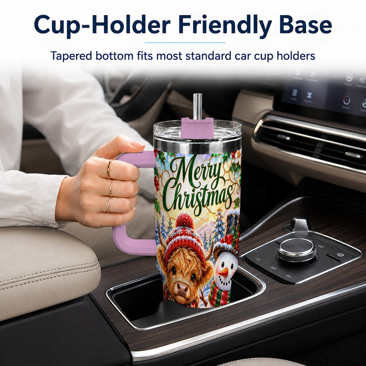 #pl[40oz|Pink] Christmas Cow 40oz Tumbler with Handle, Snowman Stainless Steel Travel Cup