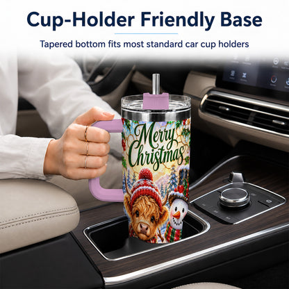 #pl[40oz|Pink] Christmas Cow 40oz Tumbler with Handle, Snowman Stainless Steel Travel Cup