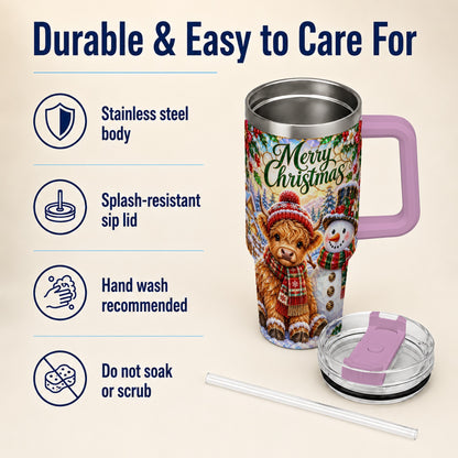 #pl[40oz|Pink] Christmas Cow 40oz Tumbler with Handle, Snowman Stainless Steel Travel Cup