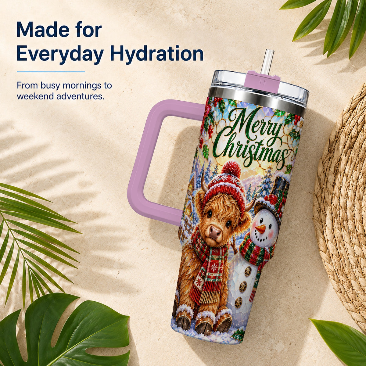 #pl[40oz|Pink] Christmas Cow 40oz Tumbler with Handle, Snowman Stainless Steel Travel Cup