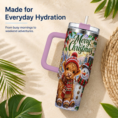 #pl[40oz|Pink] Christmas Cow 40oz Tumbler with Handle, Snowman Stainless Steel Travel Cup