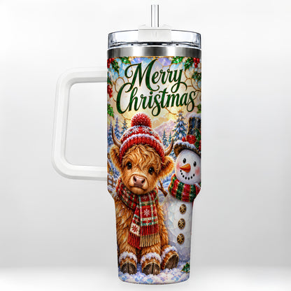 Christmas Cow 40oz Tumbler with Handle, Snowman Stainless Steel Travel Cup
