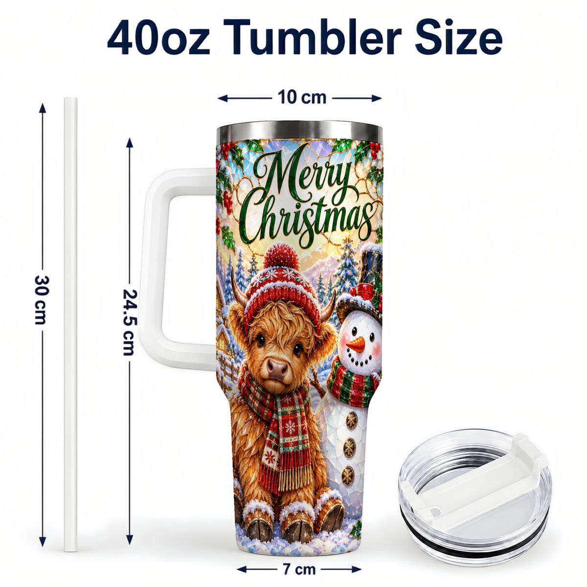 #pl[40oz|White] Christmas Cow 40oz Tumbler with Handle, Snowman Stainless Steel Travel Cup
