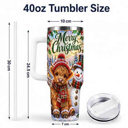 #pl[40oz|White] Christmas Cow 40oz Tumbler with Handle, Snowman Stainless Steel Travel Cup