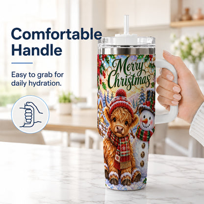 #pl[40oz|White] Christmas Cow 40oz Tumbler with Handle, Snowman Stainless Steel Travel Cup