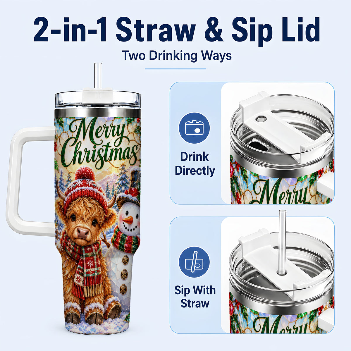 #pl[40oz|White] Christmas Cow 40oz Tumbler with Handle, Snowman Stainless Steel Travel Cup