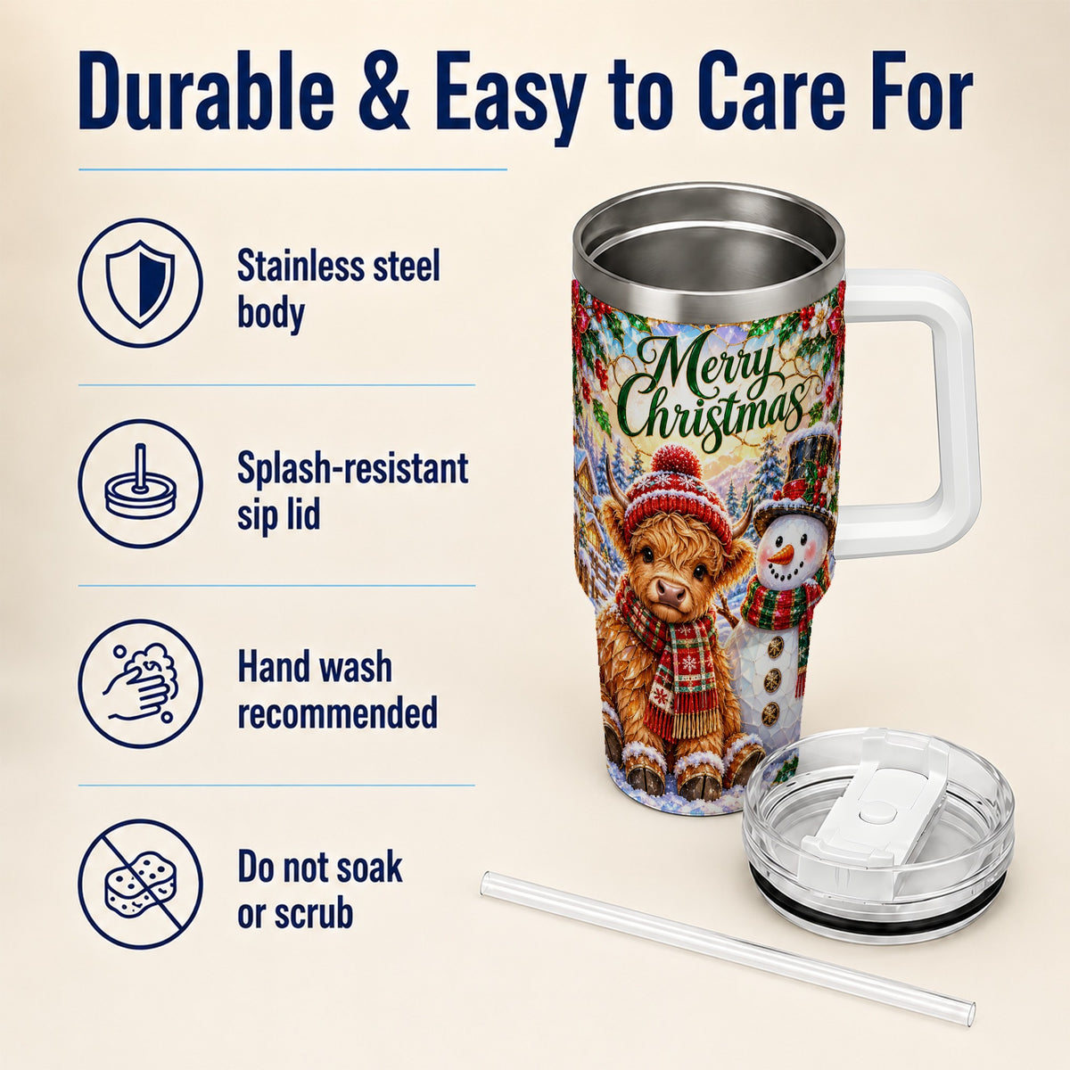 #pl[40oz|White] Christmas Cow 40oz Tumbler with Handle, Snowman Stainless Steel Travel Cup