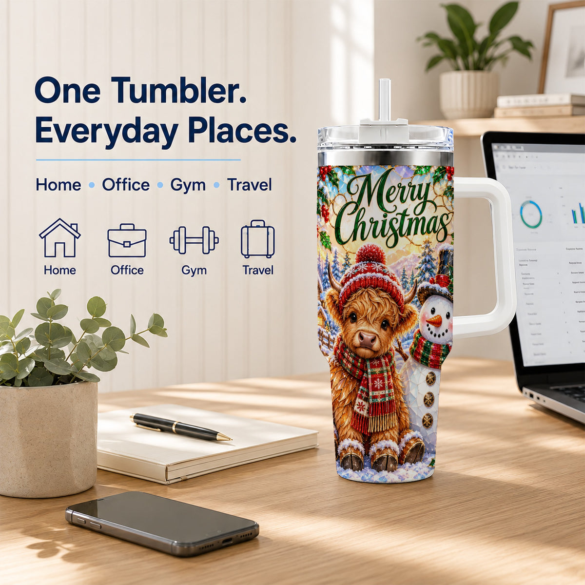 #pl[40oz|White] Christmas Cow 40oz Tumbler with Handle, Snowman Stainless Steel Travel Cup