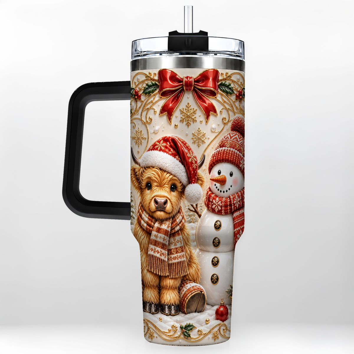 #pl[40oz|Black] Holiday Cow 40oz Tumbler with Handle, Snowman Stainless Steel Travel Cup